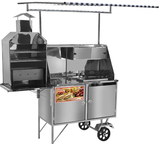 Carrinho 3 em 1 Cefaz Hot Dog, Lanche e Churrasco Luxo Inox Rodas Maciças e Toldo LC11M/T