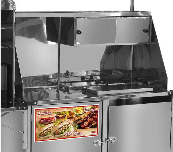 Carrinho 3 em 1 Cefaz Hot Dog, Lanche e Churrasco Luxo Inox Rodas Maciças e Toldo LC11M/T