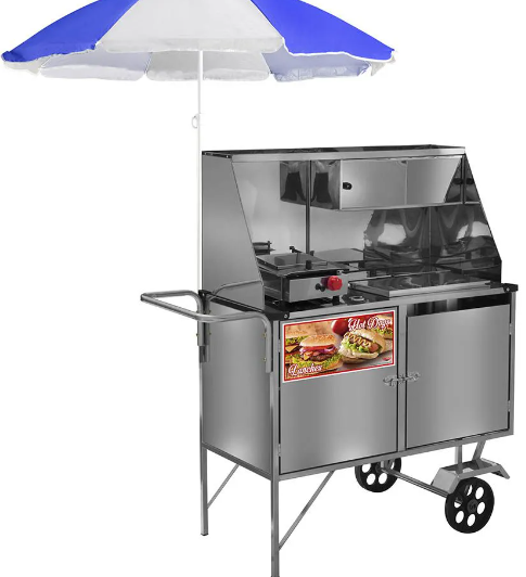 Carrinho 2 em 1 Cefaz Hot Dog e Lanche Luxo Inox com Rodas Maciças e Guarda Sol L09M/GS