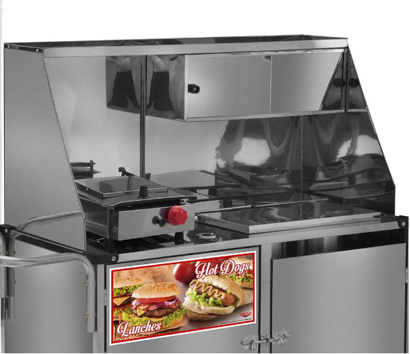 Carrinho 2 em 1 Cefaz Hot Dog e Lanche Luxo Inox com Rodas Maciças e Guarda Sol L09M/GS